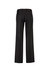 A pair of women's black adjustable waist pants with a straight-leg design and a back view.