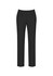 A pair of black slim leg pants with a bandless waist and front pockets, featuring a logo.