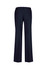 A pair of women's navy wool stretch relaxed pants with a back pocket and a tailored fit.