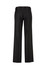 A pair of women's black slacks features a straight leg design and adjustable waistband, with a logo on the back.