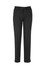 A pair of black slim leg pants with a button closure and side slits at the hem, featuring branding on the waistband.