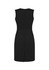 A black sleeveless V-neck dress with a back zipper and a subtle back slit. It features a fitted silhouette and sleek design.
