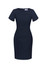 A fitted navy short sleeve shift dress with a round neckline and a back zipper. Features a logo on the label.