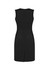 A black sleeveless dress featuring a V-neck design and a back zipper. The dress has a fitted silhouette and a slit at the back.