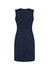 A navy sleeveless V-neck dress featuring a fitted silhouette and a back zip closure.
