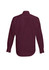 A burgundy long sleeve button-up shirt, featuring a collar and cuffed sleeves, with a branding logo on the back.