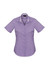 A purple checked short sleeve button-up shirt with a collar and fitted design, featuring branding.