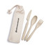 A cutlery set in a calico pouch, featuring a spoon, fork, and knife in a neutral colour. The pouch has a logo.