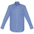A blue and white checked long sleeve button-up shirt with a collar and cuffs, featuring branding on the chest.