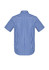 A short-sleeve button-up shirt in blue and white gingham check pattern, featuring a collar and back yoke with a brand logo.