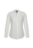 A white long sleeve blouse with a button-up front and a collarless design, featuring a logo.