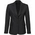 A black longline jacket featuring a tailored design, two front pockets, and a logo.