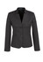 A dark grey women's cool stretch short jacket with a reverse lapel and two buttons, featuring a logo.