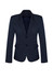 A navy women's mid-length jacket with a two-button closure and a fitted silhouette. Features a branded logo.