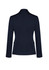 A navy blue mid-length women's jacket with a two-button design and fitted silhouette. It features a logo.