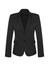 A black mid-length women's jacket with two buttons and a fitted design. It features a notched collar and pockets.