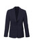A navy women's longline jacket with a blazer style, featuring two buttons and front pockets.