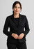 A black mid-length women's blazer with a two-button front and a fitted design, featuring a small logo.