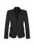 A women's mid-length black blazer featuring a two-button closure and side pockets. The jacket has a fitted silhouette.