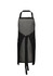 A black and grey apron with adjustable straps, features two pockets and a tied waist. It has a logo.