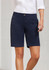 A pair of women's chino shorts in navy, featuring four pockets and a button closure, with a logo present.