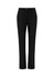 A pair of black women's slacks with a sleek design and a logo on the waistband.