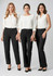 Three models wearing black slacks, styled with white blouses. The pants feature a sleek design and fit.