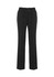 A pair of black women's slacks featuring a fitted waist and two buttons. The pants have a straight-leg design.