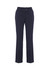 A pair of navy slacks featuring a straight-leg design and two front buttons. The garment has a logo.
