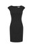 A fitted black dress with cap sleeves and a zip closure at the back, featuring a sleek silhouette.