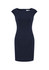 A fitted navy Audrey dress with cap sleeves and a back zip closure, featuring a sleek, streamlined silhouette.