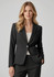 A tailored black women's blazer with a single button closure and a stylish fit, featuring a sleek design.