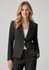 A black women's blazer with a fitted design, featuring a single button closure and a tailored silhouette.
