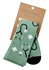 A pair of mint green unisex socks featuring a medical stethoscope pattern and a logo on the packaging.