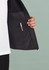 A black vest featuring an inner pocket with a pen holder, showcased against a muted background.