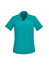 A plain short sleeve shirt in a vibrant teal colour, featuring a collar and a front pocket, with a logo.