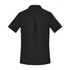 A black short sleeve shirt featuring a back pleat and a collar. It includes a logo on the front.