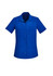A blue short sleeve shirt with a collar and a front pocket, featuring a logo.