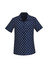 A short sleeve button-up shirt featuring a navy blue daisy print pattern and a chest pocket.