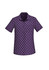 A purple short sleeve shirt featuring a white daisy print and a button-up design. It includes a logo on the product.