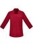 A burgundy 3/4 sleeve button-up shirt with a single chest pocket, featuring a logo.