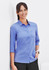 A blue women's button-up shirt with 3/4 sleeves and a chest pocket, displayed on a model.