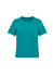 A teal women's short sleeve jersey top with a round neckline and short sleeves. It features a branding logo.