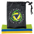 A drawstring pouch with a logo, containing three resistance bands in green, yellow, and blue.