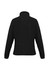A black polar fleece women's jacket featuring a high collar and long sleeves, with a logo on the back.