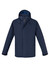 A navy rain jacket with a hood, featuring side pockets and a partial zip. It includes an inner layer in a contrasting colour.
