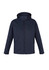 A dark blue soft shell jacket with a hood, featuring a textured pattern and zippered pockets.