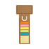 A business card bookmark with a ruler design, featuring multicoloured noteflags and a brown cardboard texture.