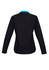 A soft shell jacket in black with a blue collar, featuring a branded logo on the back.