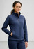 A navy women's softshell jacket with a zipped front and side pockets, featuring a logo.